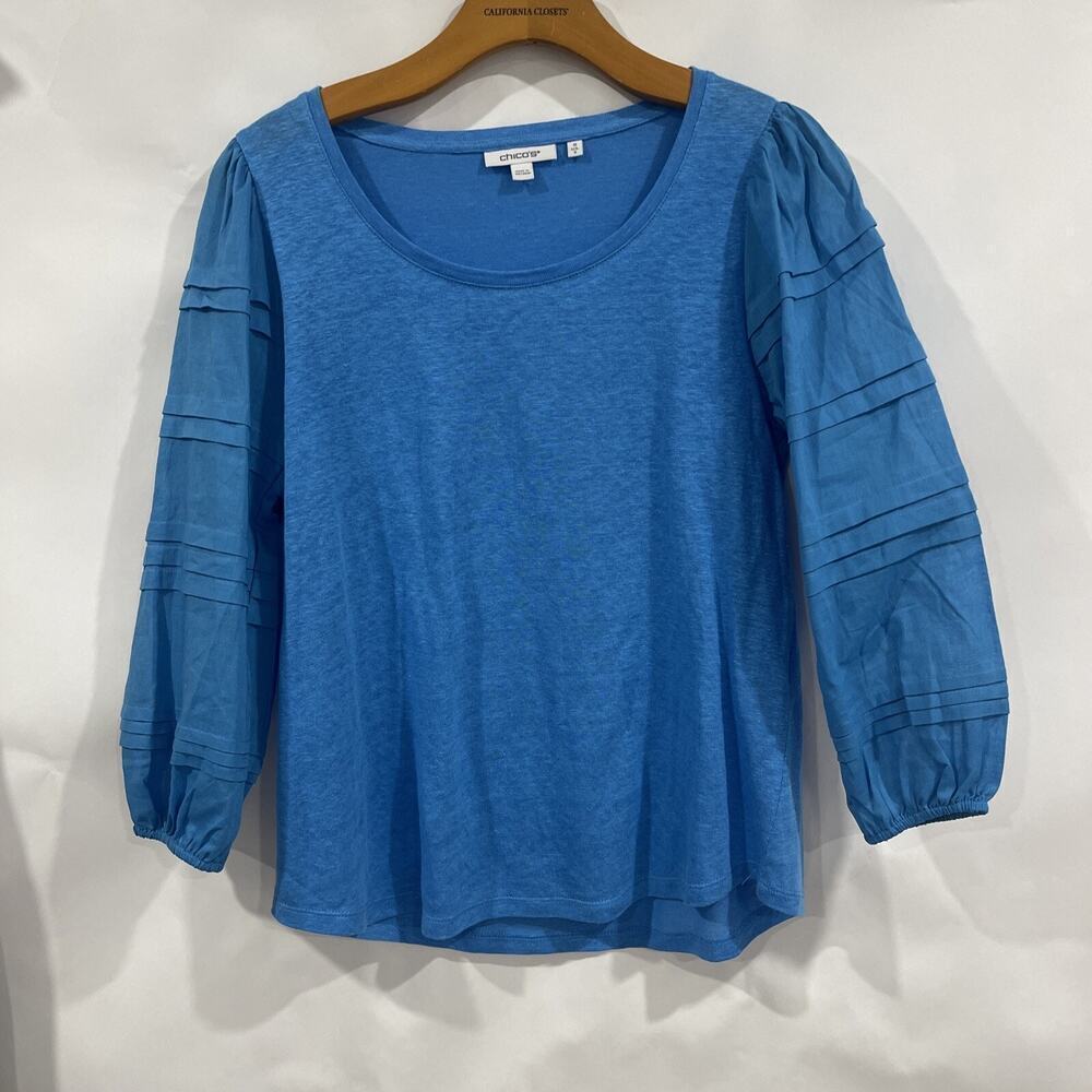 Chicos Linen Blouse Top T Shirt 3/4 Sleeve Blue Top Size 0 Small Beach Travel